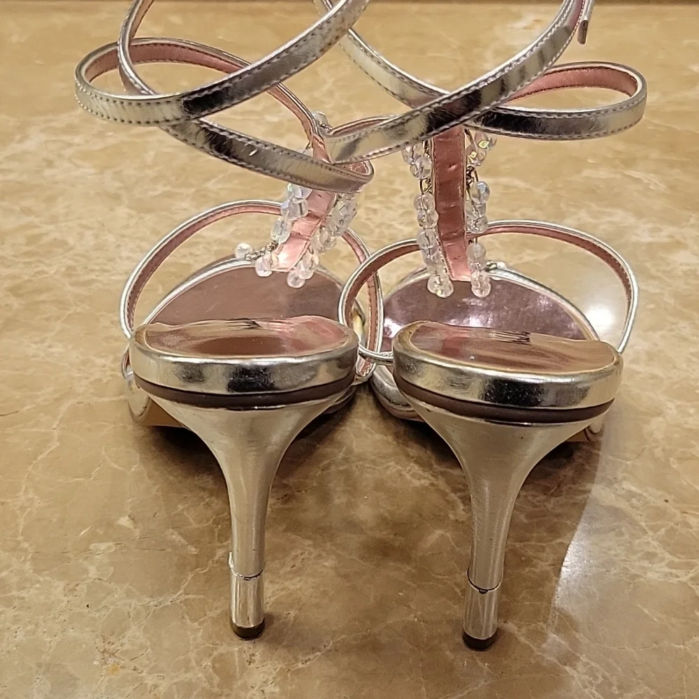 Michael Antonio Bedazzled Ankle Strap Silver Heeled Sandals, Sz 8